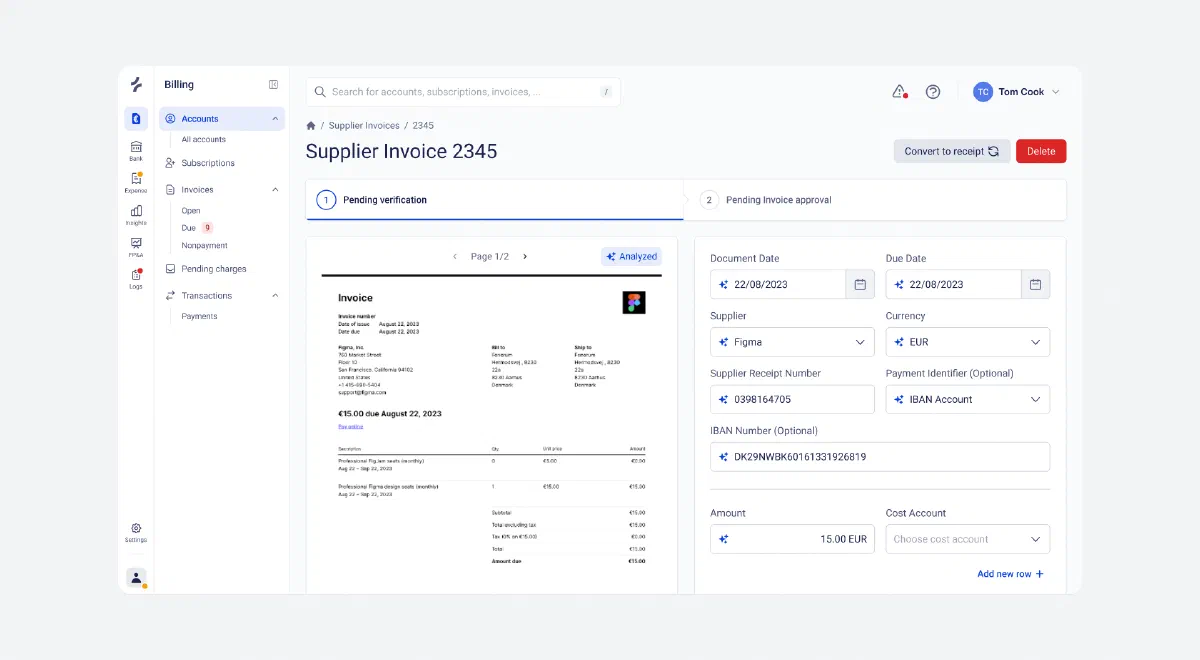 Fenerum supplier invoice with analyzed fields