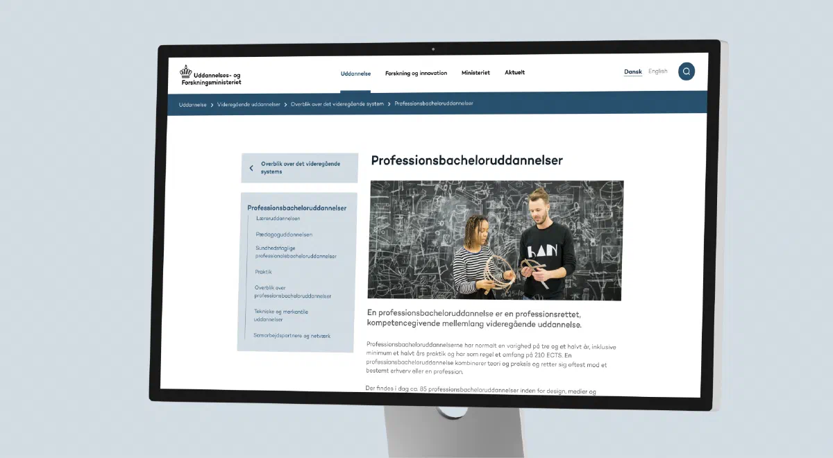 A ufm.dk content page with breadcrumbs and sub-navigation